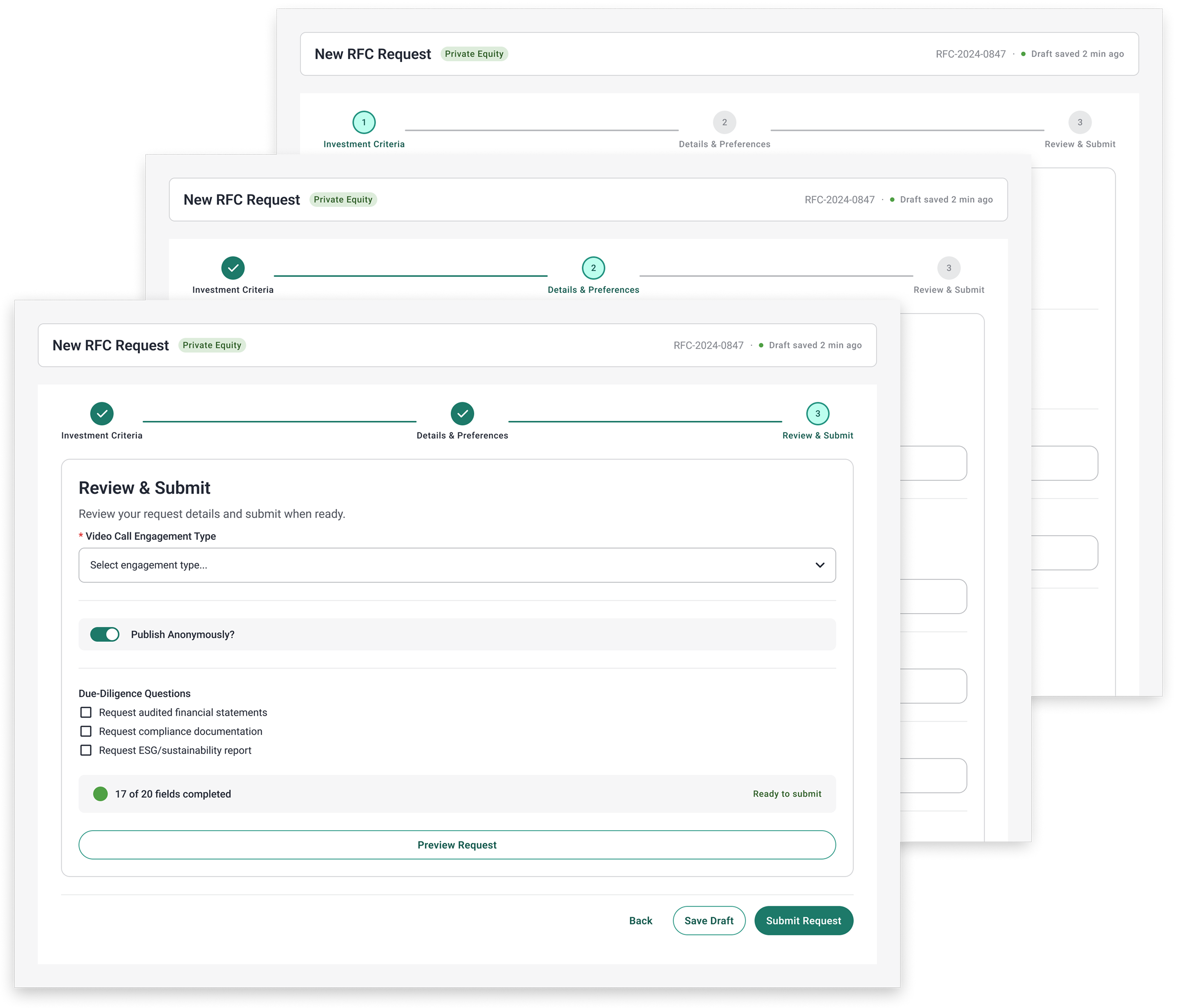 Adopted: 3-Step Progressive Flow interface showcasing progressive disclosure, tokenized inputs, and domain anonymization